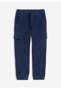 bonprix - Termiczne spodnie z gumką w talii, regular fit, z kieszeniami cargo, ze sztruksu z podszewką z dżerseju. Kolor: niebieski. Materiał: sztruks, jersey #1