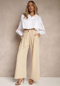 Renee - Beżowe Szerokie Spodnie High Waist o Garniturowym Kroju z Zakładkami Uliadorea. Okazja: na co dzień. Stan: podwyższony. Kolor: beżowy. Styl: klasyczny, elegancki, casual #3