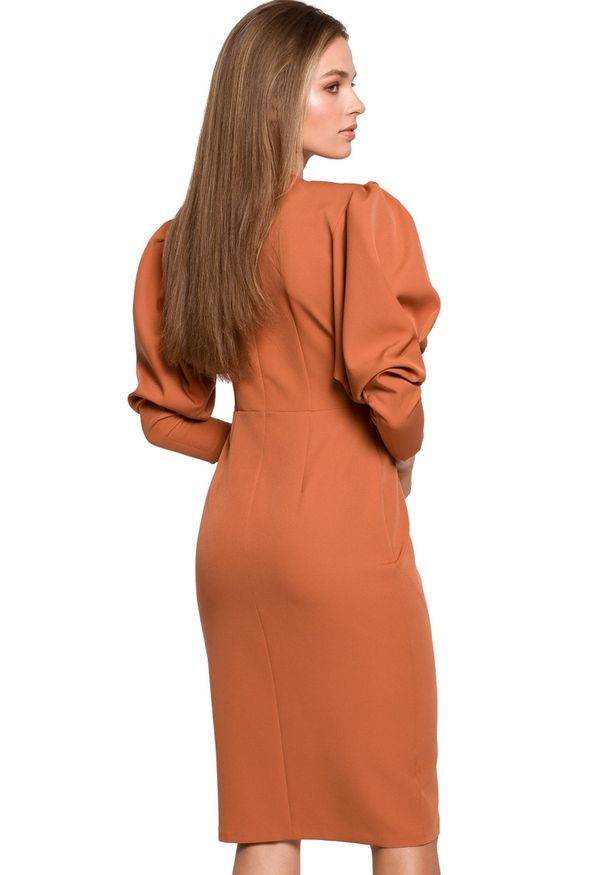Style - Elegancka ołówkowa sukienka z bufiastymi rękawami. Materiał: elastan. Wzór: gładki. Typ sukienki: ołówkowe. Styl: elegancki