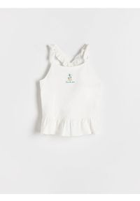 Reserved - Bluzka z falbanami - złamana biel. Kolor: kremowy. Materiał: włókno, bawełna