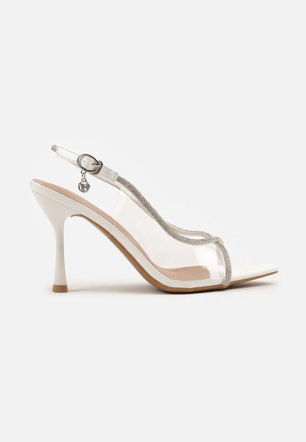 Renee - Białe Sandały Vices na Szpilce z Cyrkoniowymi Paskami Ovilira. Zapięcie: pasek. Kolor: biały. Wzór: paski. Obcas: na szpilce. Styl: elegancki, glamour