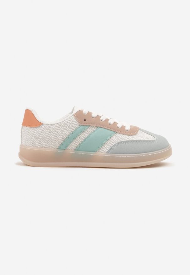 Born2be - Biało-Niebieskie Sneakersy Typu Tenisówki z Ozdobnymi Paskami Amodelle. Okazja: na co dzień. Zapięcie: pasek. Kolor: biały. Materiał: jeans. Wzór: paski. Obcas: na obcasie. Wysokość obcasa: niski