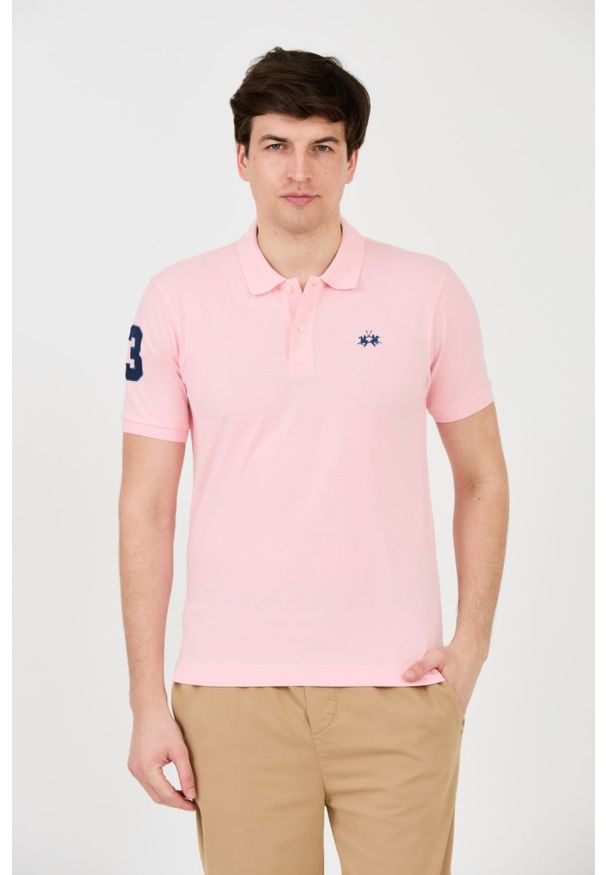 La Martina - LA MARTINA Różowe męskie polo z małym logo, Rozmiar XL. Typ kołnierza: polo. Kolor: różowy