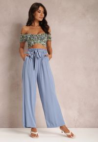 Renee - Niebieskie Spodnie Szerokie Phiorephis. Kolor: niebieski. Materiał: materiał, tkanina, wiskoza. Długość: długie. Wzór: kwiaty, gładki #1