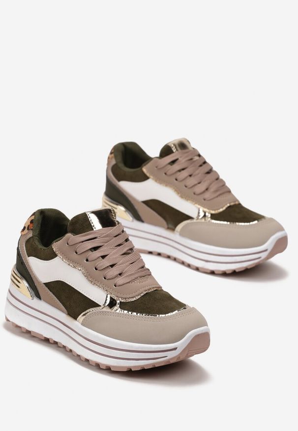Renee - Zielone Sneakersy na Wysokiej Podeszwie z Błyszczącymi Wstawkami Lovana. Kolor: beżowy. Obcas: na platformie