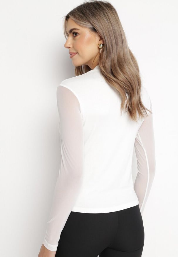Born2be - Biała Bluzka z Siateczkową Górą i Półgolfem Lufenna. Kolor: biały. Materiał: wiskoza. Styl: elegancki