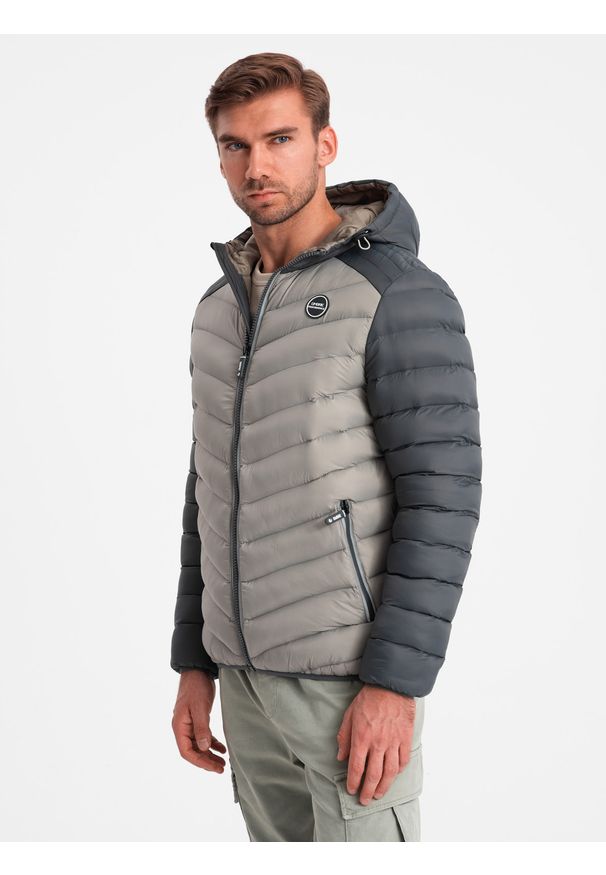 Ombre Clothing - Nylonowa dwukolorowa pikowana męska kurtka w stylu sportowym – popielata V11. Kolor: szary. Materiał: nylon. Wzór: aplikacja. Styl: sportowy