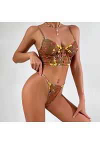 Intica - Komplet haftowanej bielizny z biustonoszem i majtkami tanga Dulina. Kolor: brązowy. Materiał: materiał. Wzór: haft #2