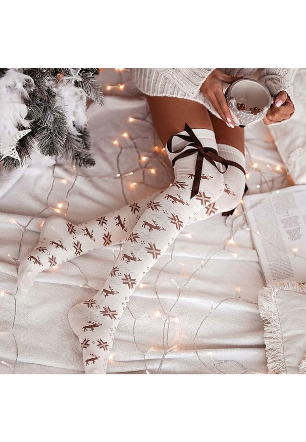 Milena - Zakolanówki zimowe ze wstążką 1062 ec/br. Materiał: poliamid, elastan, materiał, bawełna