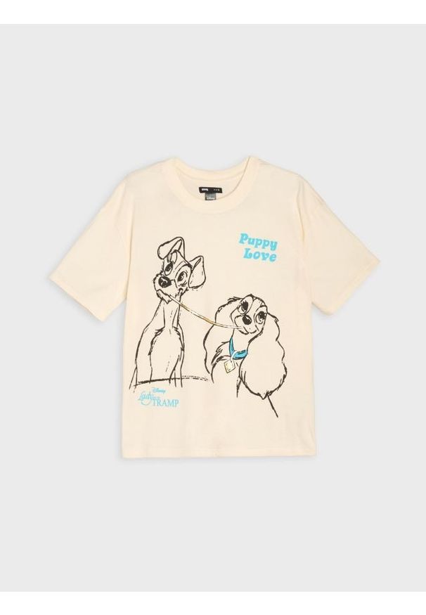 Sinsay - Bawełniana koszulka z nadrukiem Lady and the Tramp - kremowy. Kolor: kremowy. Materiał: bawełna. Wzór: nadruk