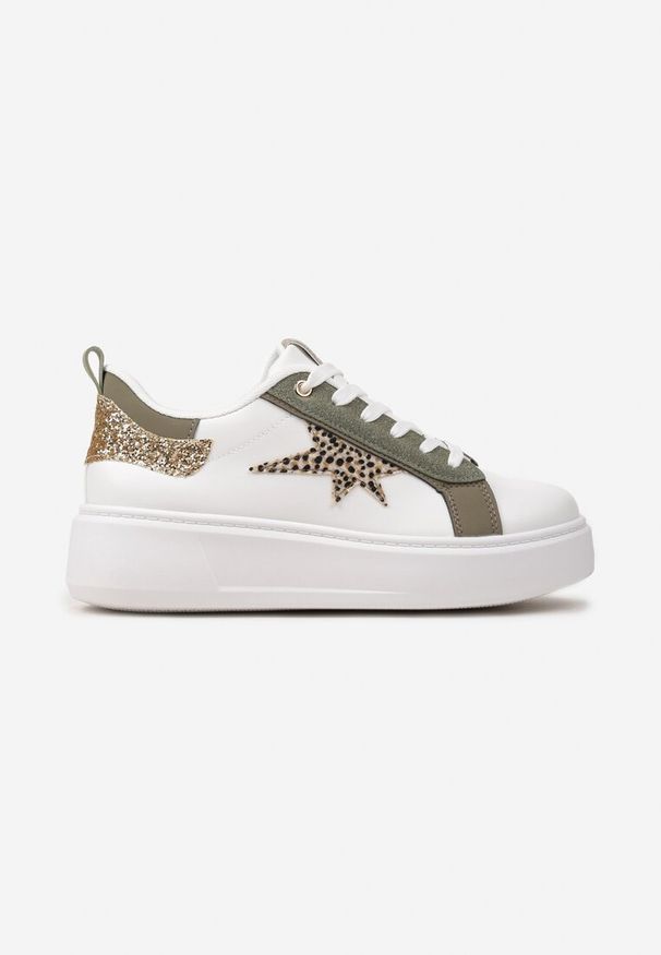 Renee - Biało-Zielone Sneakersy Ozdobione Brokatem na Niskiej Platformie Leonare. Kolor: biały. Materiał: jeans. Wzór: aplikacja. Obcas: na platformie