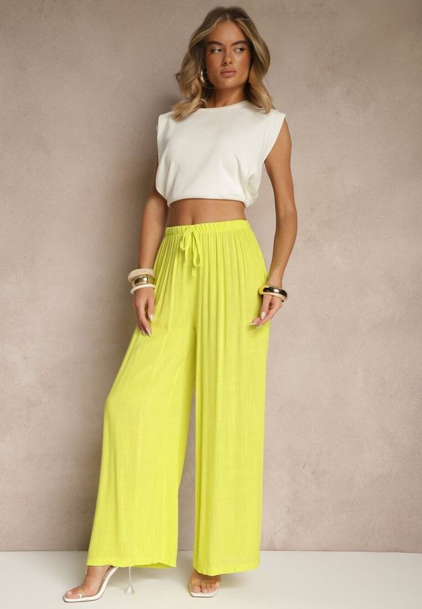 Renee - Żółte Szerokie Spodnie High Waist z Gumką w Talii Ilnena. Stan: podwyższony. Kolor: żółty. Materiał: tkanina. Sezon: lato