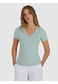 4f - 4F T-shirt slim gładki damski - turkusowy XL. Okazja: na co dzień. Kolor: turkusowy. Materiał: bawełna. Wzór: gładki. Styl: casual #1