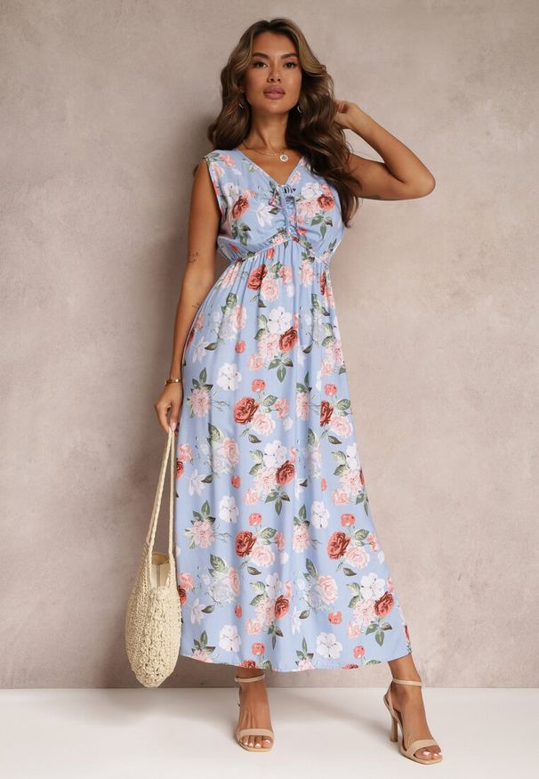 Renee - Jasnoniebieska Sukienka Maxi w Kwiaty z Gumką w Talii Kaleita. Kolor: niebieski. Materiał: bawełna, tkanina. Długość rękawa: bez rękawów. Wzór: kwiaty. Sezon: lato. Długość: maxi