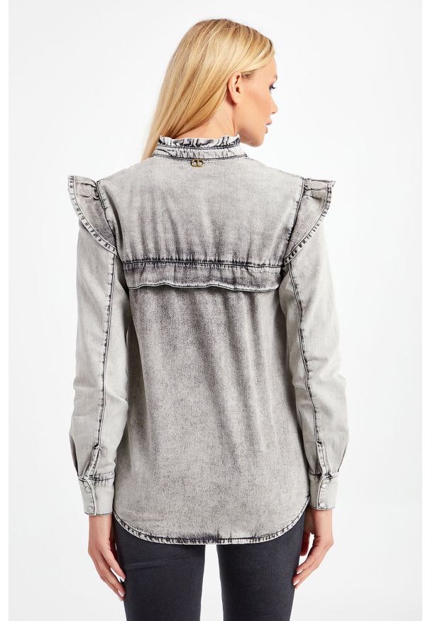 Twinset Milano - KOSZULA JEANSOWA TWINSET. Typ kołnierza: kołnierzyk stójkowy. Materiał: jeans. Długość rękawa: długi rękaw. Długość: długie