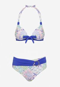 Renee - Granatowo-Beżowe Bikini w Mozaikowy Wzór z Biżuteryjną Klamerką Vextella. Kolor: niebieski