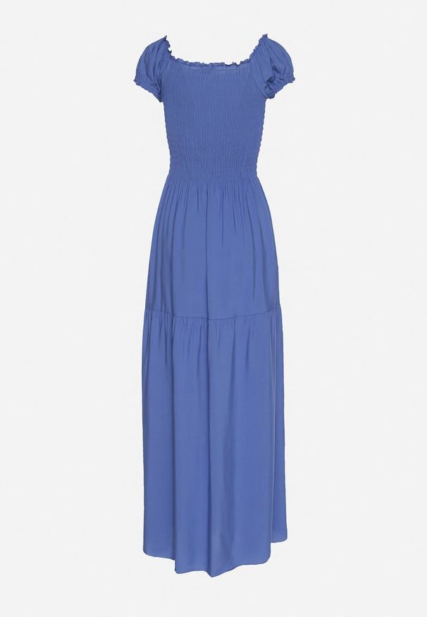 Born2be - Niebieska Wiskozowa Sukienka Hiszpanka z Marszczoną Górą Jenanira. Okazja: na co dzień. Typ kołnierza: dekolt hiszpanka. Kolor: niebieski. Materiał: wiskoza. Styl: casual, klasyczny