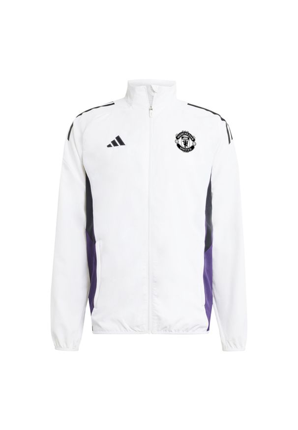 Adidas - Kurtka dresowa Prematch Manchester United 2025/26. Kolor: biały. Materiał: dresówka. Sport: piłka nożna