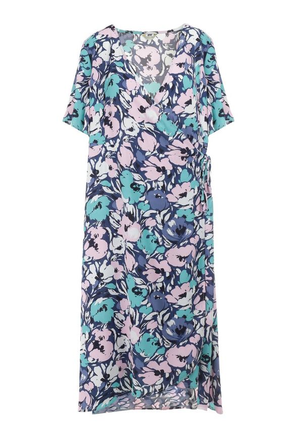 Born2be - Granatowa Sukienka Peryllis. Kolekcja: plus size. Kolor: niebieski. Materiał: materiał. Wzór: aplikacja, kwiaty. Typ sukienki: dla puszystych, kopertowe. Długość: midi