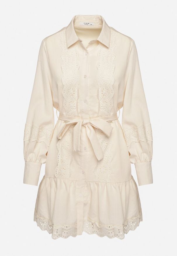 Born2be - Jasnobeżowa Koszulowa Sukienka z Wiskozy z Bawełną Koronką i Paskiem Lilresia. Okazja: na co dzień. Kolor: beżowy. Materiał: wiskoza, bawełna, koronka. Długość rękawa: długi rękaw. Wzór: koronka. Sezon: wiosna, lato. Typ sukienki: koszulowe. Styl: casual, elegancki, klasyczny