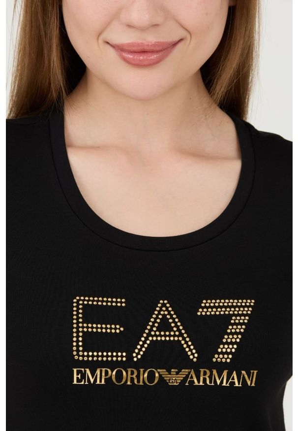 EA7 Emporio Armani - EA7 Czarny damski t-shirt z cyrkoniami, Rozmiar M. Kolor: czarny