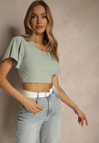 Renee - jasnozielona Bluzka z Rozkloszowanymi Rękawami Sunelva. Okazja: na co dzień. Kolor: zielony. Materiał: jeans. Styl: elegancki, casual #5