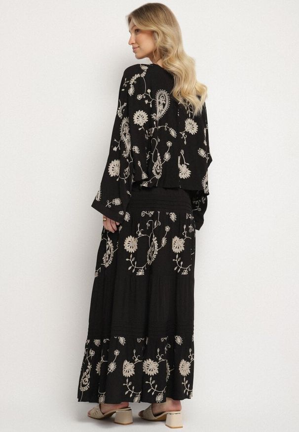 Born2be - Czarny Komplet z Wiskozy w Stylu Boho Koszula Nietoperz i Spódnica Sepalisse. Kolor: czarny. Materiał: wiskoza