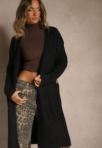 Renee - Czarny Tłoczony Kardigan z Wełną o Kroju Bez Zapięć z Paskiem Dorrive. Okazja: na co dzień. Kolor: czarny. Materiał: wełna. Styl: casual, elegancki