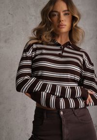 Renee - Brązowy Pasiasty Sweter z Kołnierzem i Guzikami Marlea. Okazja: na randkę. Kolor: brązowy. Materiał: wiskoza, skóra, jeans. Styl: elegancki, klasyczny #5
