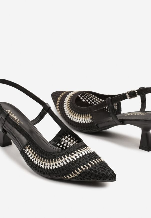 Born2be - Czarne Sandały Bez Pięty na Obcasie Kaczuszka z Motywem Plecionki Galoris. Okazja: na co dzień. Nosek buta: szpiczasty. Zapięcie: pasek. Kolor: czarny. Materiał: jeans. Obcas: na obcasie. Styl: casual, klasyczny, elegancki. Wysokość obcasa: średni