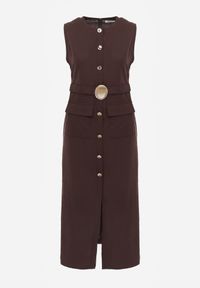 Renee - Brązowa Sukienka z Wiskozą i Lnem w Eleganckim Stylu z Paskiem z Ozdobą Coritia. Kolor: brązowy. Materiał: wiskoza, len. Długość rękawa: bez rękawów. Wzór: aplikacja. Sezon: lato. Typ sukienki: dopasowane. Styl: elegancki #8