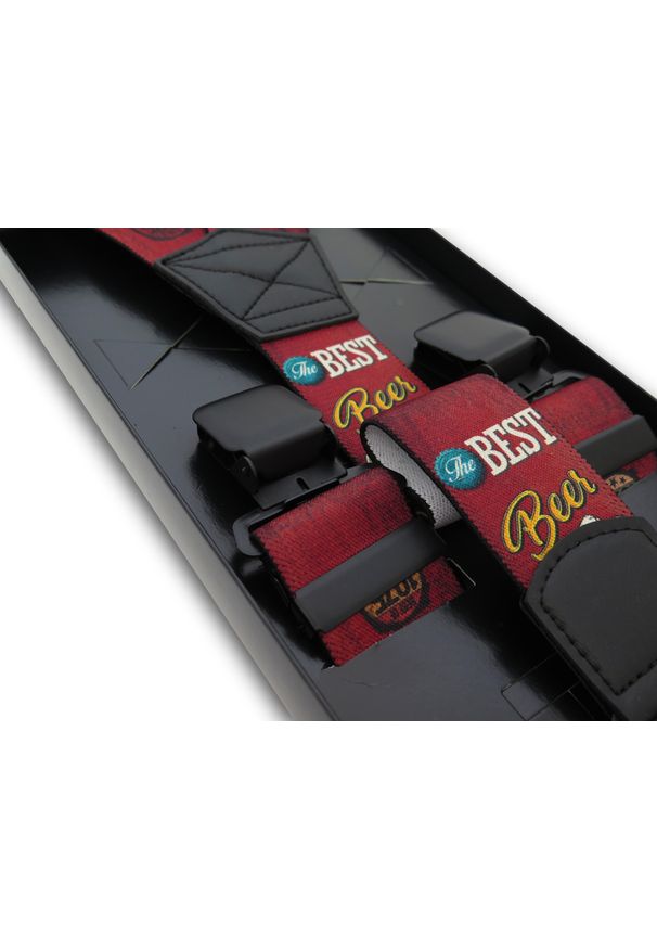 Modini - Bordowe szelki męskie w piwny wzór SZ152. Kolor: wielokolorowy, czerwony, żółty. Materiał: skóra, guma