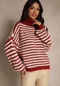 Renee - Bordowy Golf z Dodatkiem Wełny Ozdobiony Paskami Monarria. Okazja: na co dzień. Typ kołnierza: golf. Kolor: czerwony. Materiał: wełna. Wzór: aplikacja. Styl: casual, elegancki #1