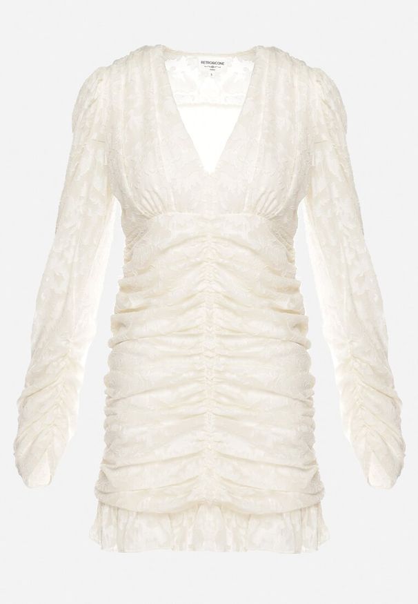 Born2be - Beżowa Sukienka Mini z Tkaniny Plumeti z Marszczeniem Werenia. Okazja: na co dzień. Typ kołnierza: dekolt w kształcie V. Kolor: beżowy. Materiał: tkanina. Styl: casual, elegancki, klasyczny. Długość: mini