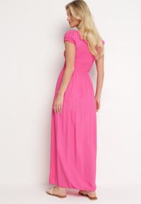 Born2be - Różowa Wiskozowa Sukienka Typu Hiszpanka z Marszczoną Górą Moalle. Okazja: na spacer. Typ kołnierza: dekolt hiszpanka. Kolor: różowy. Materiał: wiskoza. Styl: elegancki, klasyczny #3