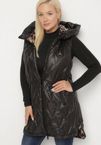 Born2be - Czarna Klasyczna Kamizelka z Pikowanymi Przeszyciami Ettelie. Kolekcja: plus size. Kolor: czarny. Materiał: jeans, skóra. Długość: długie. Styl: klasyczny