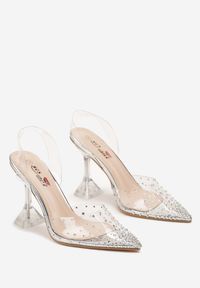 Renee - Srebrne Sandały z Transparentną Cholewką Ozdobioną Cyrkoniami na Geometrycznym Obcasie Cedrella. Kolor: srebrny. Szerokość cholewki: normalna. Wzór: geometria, aplikacja. Obcas: na obcasie. Wysokość obcasa: średni #6