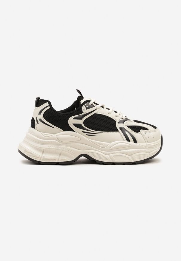 Renee - Beżowo-Czarne Sneakersy Vices na Platformie Ozdobione Tłoczeniem Natiselle. Okazja: na co dzień. Kolor: beżowy. Materiał: jeans. Wzór: aplikacja. Obcas: na platformie
