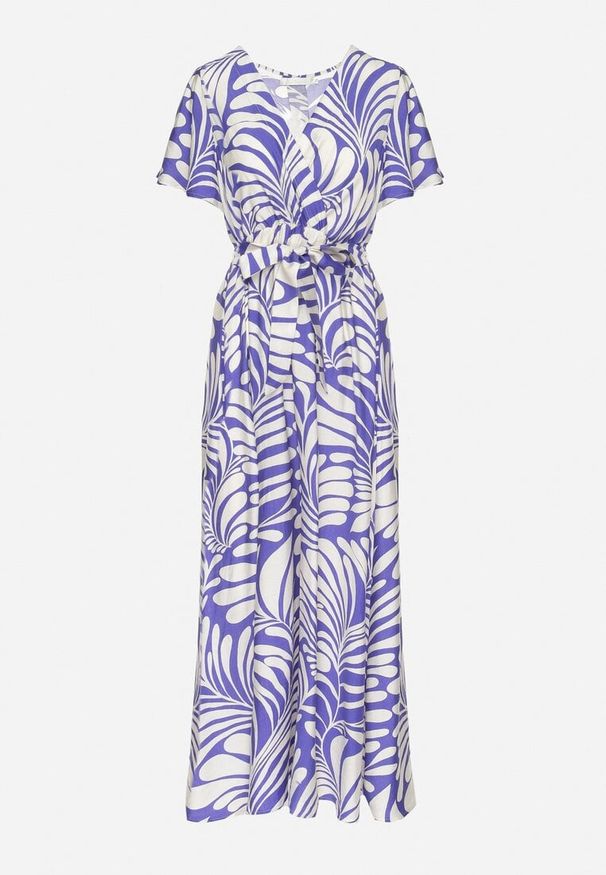 Born2be - Niebieska Wiskozowa Sukienka o Kopertowym Kroju w Roślinny Wzór Cinea. Okazja: na co dzień. Kolor: niebieski. Materiał: wiskoza. Wzór: nadruk. Typ sukienki: kopertowe. Styl: casual