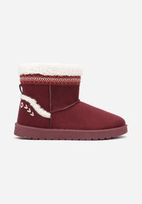 Renee - Bordowe Śniegowce o Wsuwanym Fasonie z Haftem i Futrem przy Cholewce Mevinadia. Okazja: na co dzień. Kolor: czerwony. Materiał: futro. Szerokość cholewki: normalna. Wzór: haft. Styl: casual #2