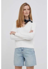 TOMMY HILFIGER - Tommy Hilfiger sweter z domieszką wełny damski kolor beżowy. Kolor: beżowy. Materiał: wełna