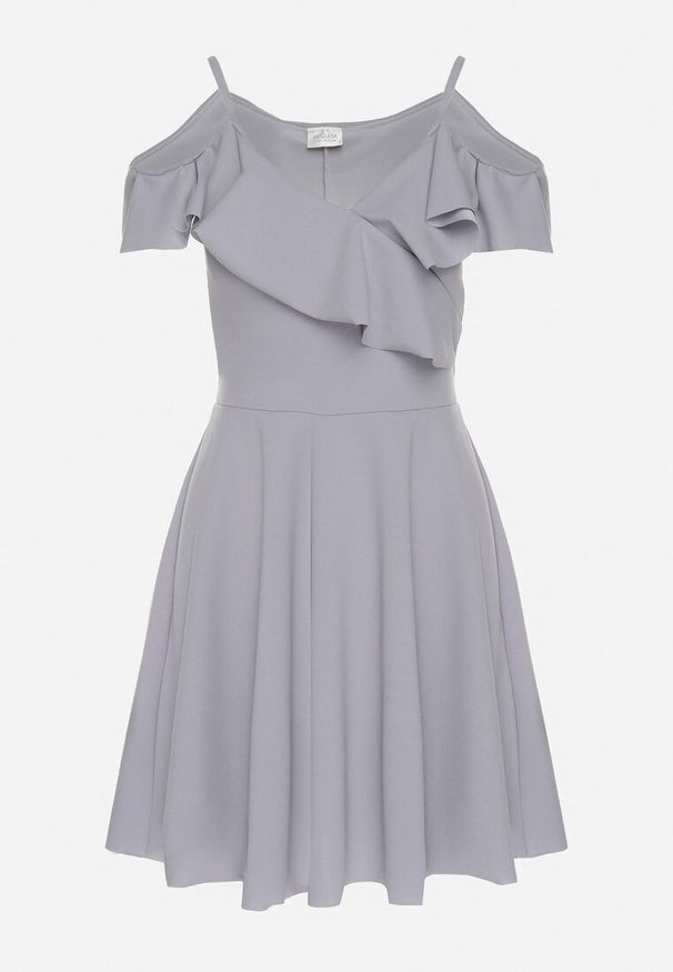 Born2be - Szara Sukienka Rozkloszowana na Ramiączkach z Falbankami Polauri. Okazja: na co dzień. Typ kołnierza: kołnierz z falbankami. Kolor: szary. Długość rękawa: na ramiączkach. Styl: klasyczny, casual, elegancki