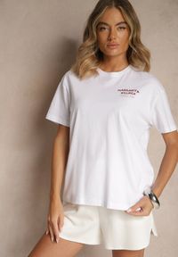 Renee - Biało-Czerwony T-shirt Oversize z Bawełny Ozdobiony Nadrukiem Filiora. Okazja: na co dzień. Kolor: biały. Materiał: bawełna. Wzór: aplikacja, nadruk. Styl: casual
