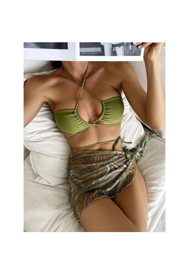 Intica - Strój kąpielowy dwuczęściowy z pareo na plażę Miraldine. Kolor: brązowy. Materiał: materiał