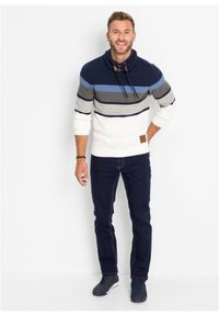 bonprix - Sweter z dzianiny o luźnym splocie z kołnierzem kominem, z czystej bawełny. Typ kołnierza: komin. Kolor: niebieski. Materiał: dzianina, bawełna. Wzór: ze splotem