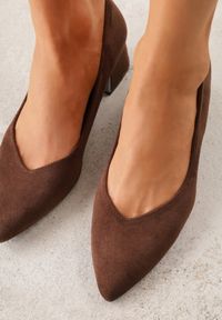 Renee - Brązowe Czółenka Vices na Słupku z Imitacji Zamszu z Wkładką ze Skóry Naturalnej z Metaliczną Ozdobą Mixin. Okazja: na spotkanie biznesowe, do pracy. Kolor: brązowy. Materiał: zamsz, skóra. Wzór: aplikacja. Obcas: na słupku. Styl: biznesowy, elegancki #9