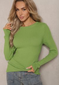 Renee - Jasnozielony Casualowy Sweter z Prążkowanego Materiału Zintra. Okazja: na co dzień. Kolor: zielony. Materiał: materiał, prążkowany. Długość rękawa: długi rękaw. Długość: długie. Styl: casual #3
