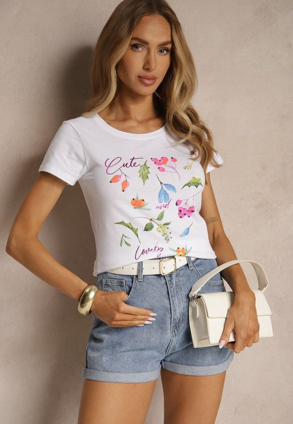 Renee - Biały T-shirt z Bawełny Zdobiony Nadrukiem Zarinel. Okazja: na co dzień. Kolor: różowy. Materiał: bawełna. Wzór: nadruk, aplikacja. Styl: elegancki, casual, klasyczny