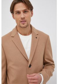 Calvin Klein Płaszcz wełniany kolor beżowy przejściowy. Okazja: na co dzień. Kolor: beżowy. Materiał: wełna. Wzór: gładki. Styl: casual #5