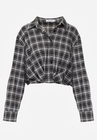 Renee - Czarna Koszula z Bawełny Typu Crop w Kratę Ozdobiona Marszczeniem Risettes. Okazja: na co dzień. Kolor: czarny. Materiał: bawełna. Wzór: aplikacja. Styl: casual #8